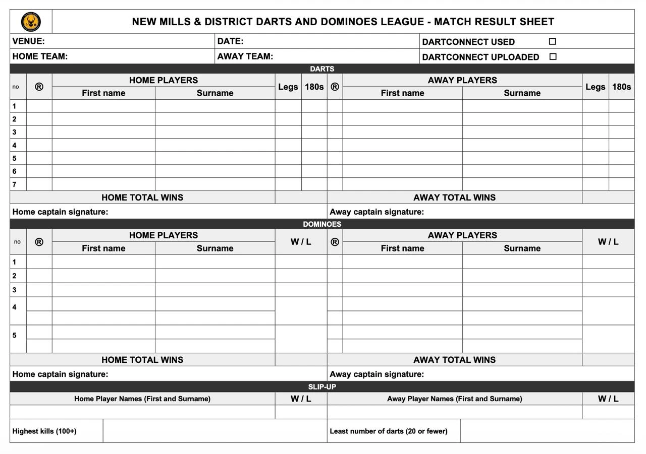 Match result sheet with boxes for 7 darts games, 5 dominoes games and the slip-up